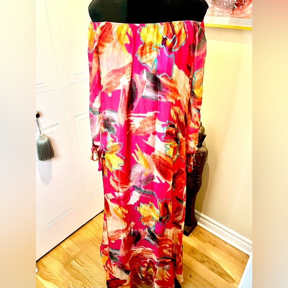 HF Moda Italia Floral Maxi Dress,Multicolour,Off Shoulder,Tie Sleeves ๐ธ๐บ๐ผ - Picture 11 of 16